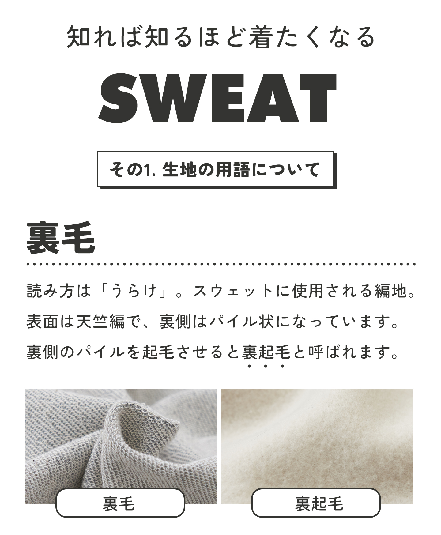裏毛の読み方はうらけ。スウェットに使用される編地。表面は天竺編みで裏側はパイル状になっています。裏側のパイルを起毛させると裏起毛と呼ばれます